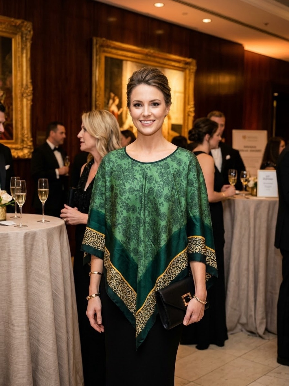 Green Patterned Satin Poncho Top with Leopard Trim - Brand: